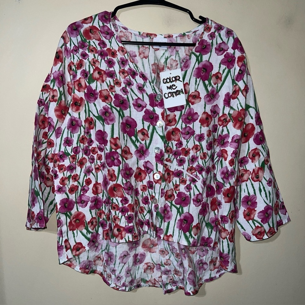 NEW Floral Linen  Button Front Shirt White Color Me Cotton Medium